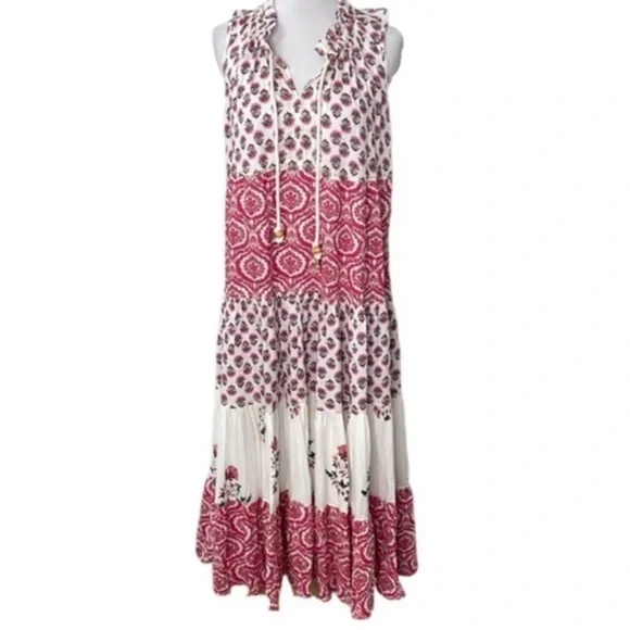Chelsea & Theodore Pink and White Floral Tiered Boho Maxi Dress XL - Picture 2 of 4